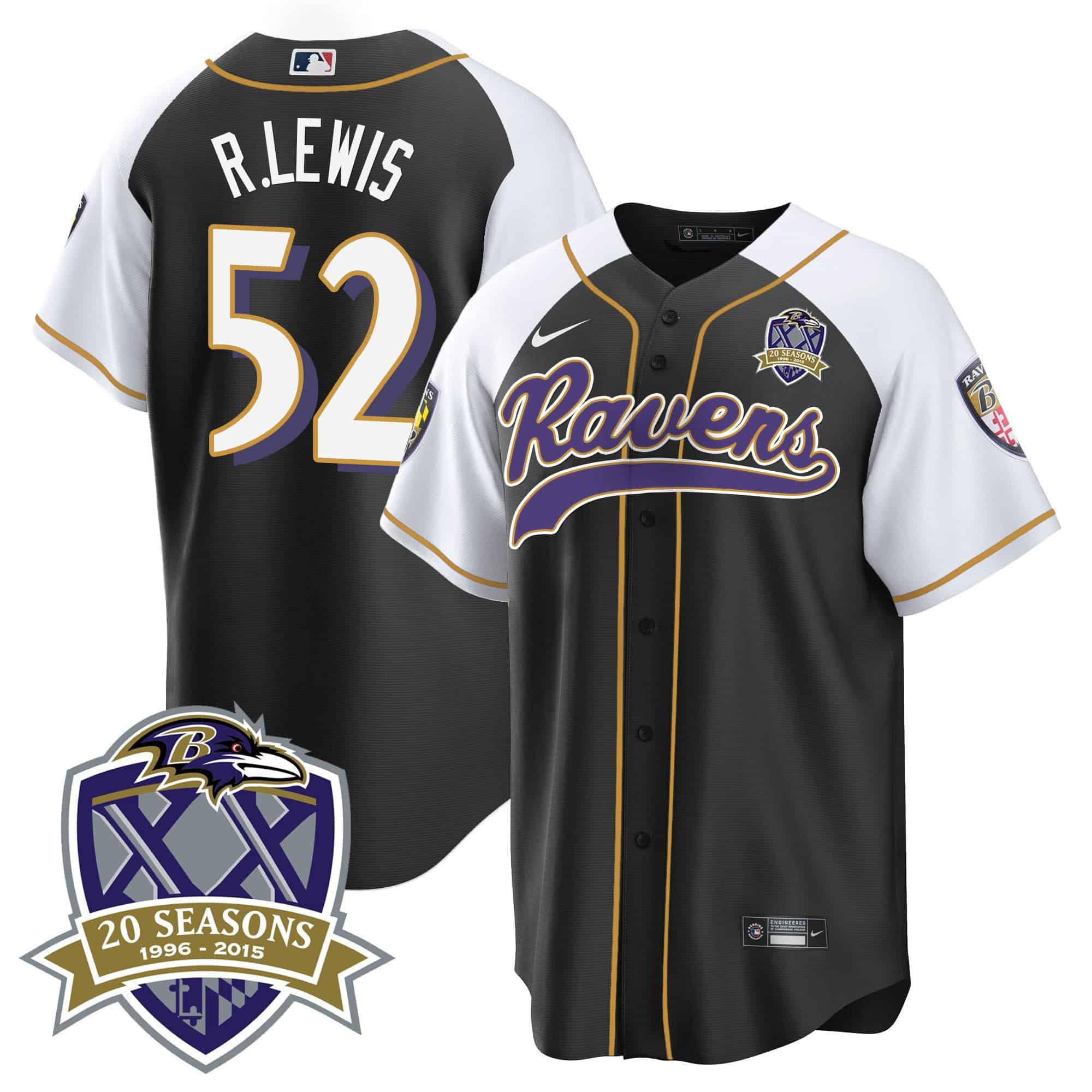 Men Baltimore Ravens 52 R.Lewis Black 2024 Nike 20th Season Patch Baseball NFL Jersey